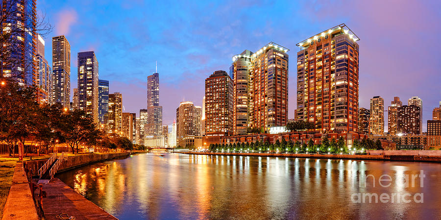 Twilight Panorama of the Chicago River from Lake Shore Drive - Chicago Riverwalk Illinois Photograph by Silvio Ligutti