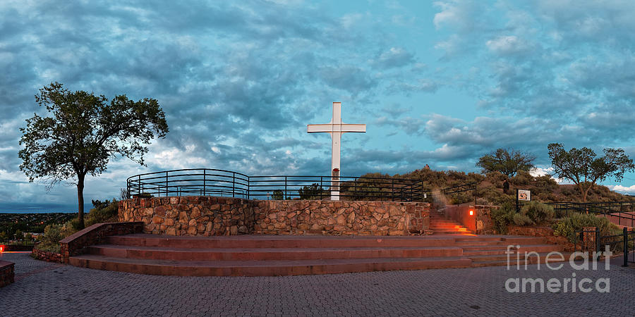 Twilight Panorama of the Cross of the Martyrs at Fort Marcy - Santa Fe New Mexico  Photograph by Silvio Ligutti