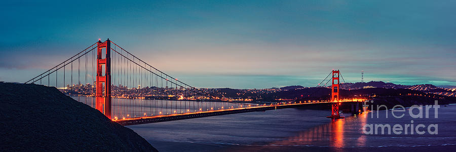Twilight Panorama of the Golden Gate Bridge from The Marin Headlands - San Francisco California Photograph by Silvio Ligutti