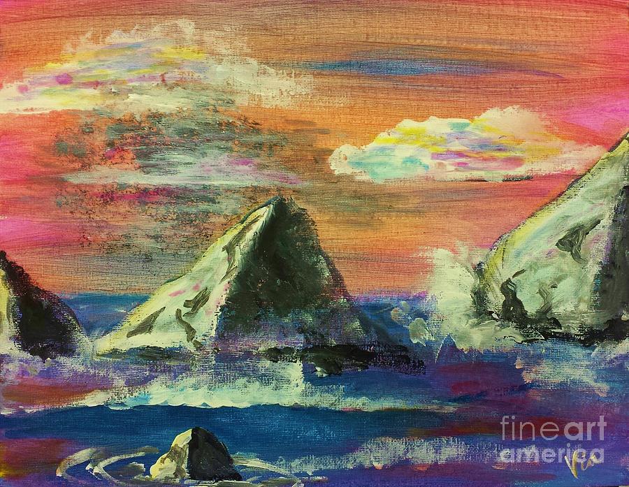 Twilight Sea Rocks Painting by Judy Via-Wolff