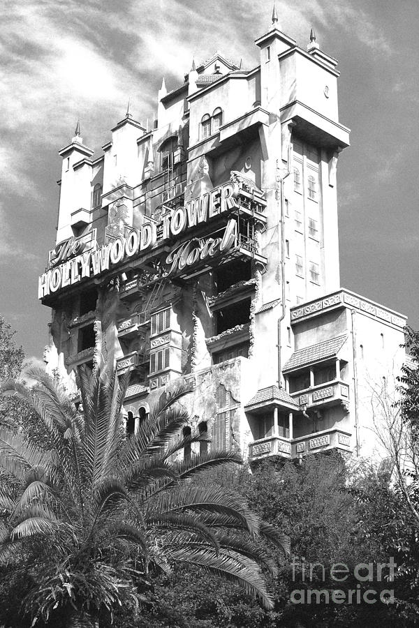 Twilight Zone Tower of Terror Vertical Hollywood Studios Walt Disney World Prints B and W Film Grain Photograph by Shawn OBrien