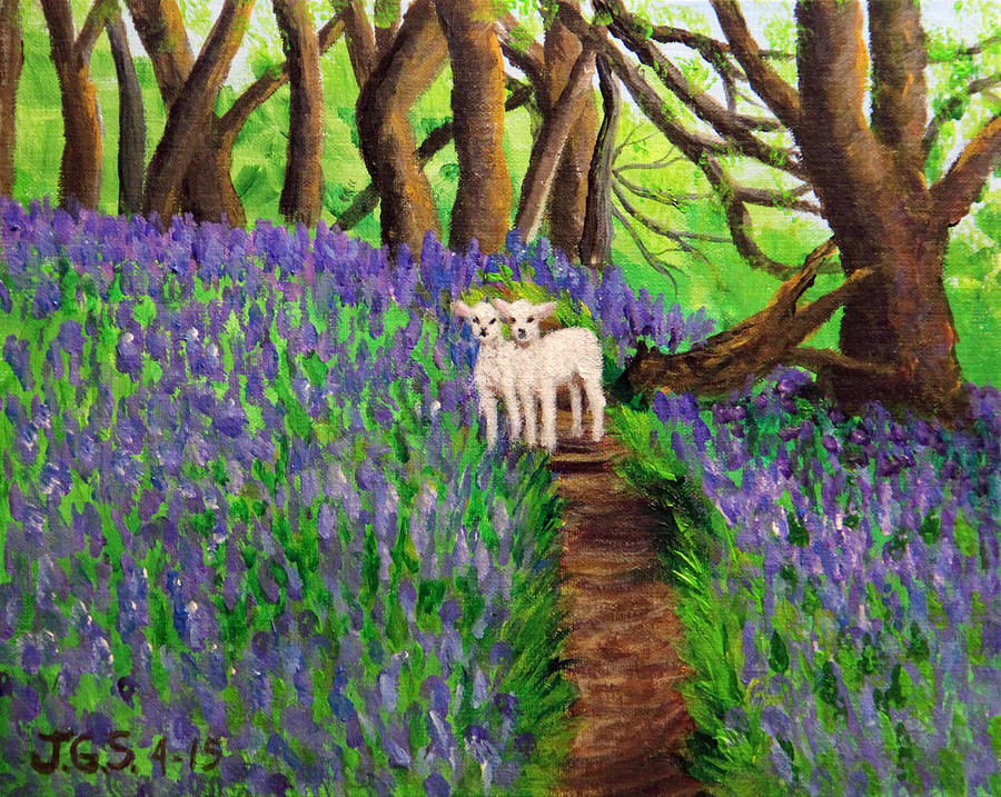 Twin lambs among the Bluebells Painting by Janet Greer Sammons
