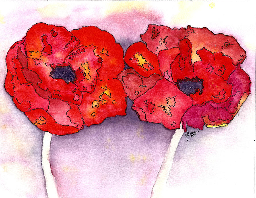 Twin Poppies with Ink Painting by Elise Boam