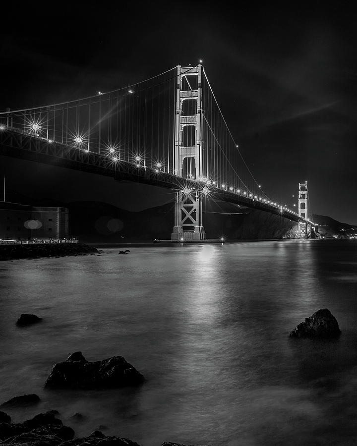 Twinkling Golden Gate Bridge Black and White Photograph by Bridget Calip