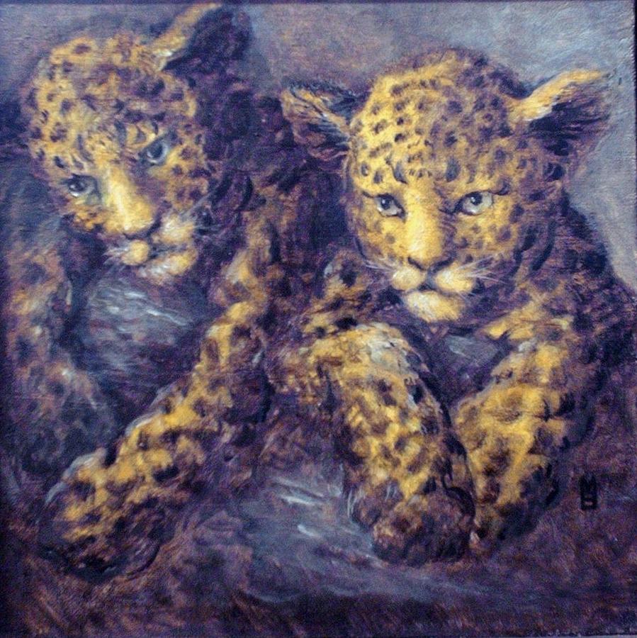 Leopard Painting - Twins - Leopard Cubs by Mara Buck