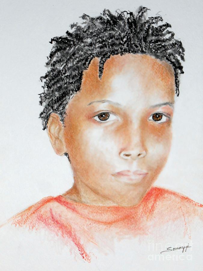 Twists, at 9 -- Portrait of African-American Boy Drawing by Jayne Somogy