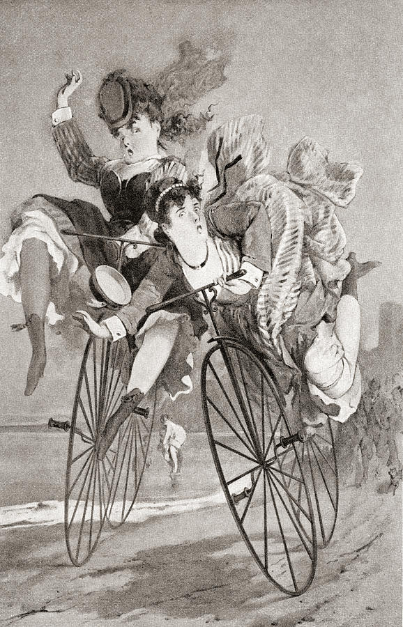 Bicycle Drawing - Two 19th Century Ladies Have An by Vintage Design Pics