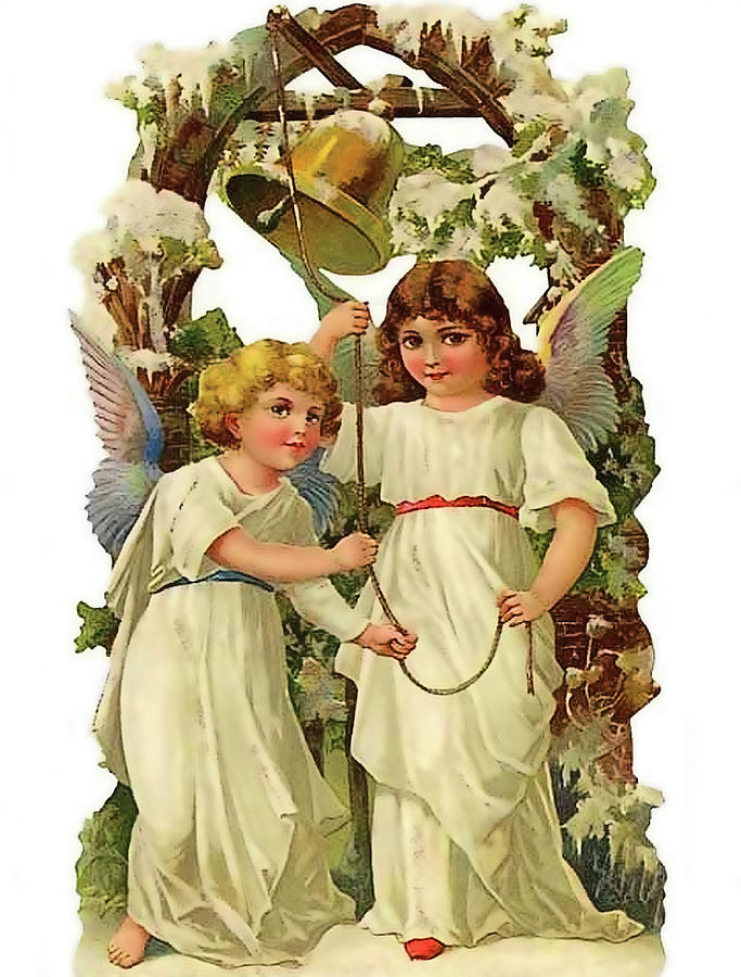 Two Angels Ringing Christmas Bell Mixed Media by Long Shot