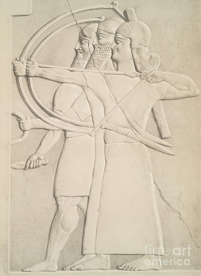 Two archers and a shield bearer, Drawing by Austen Henry Layard