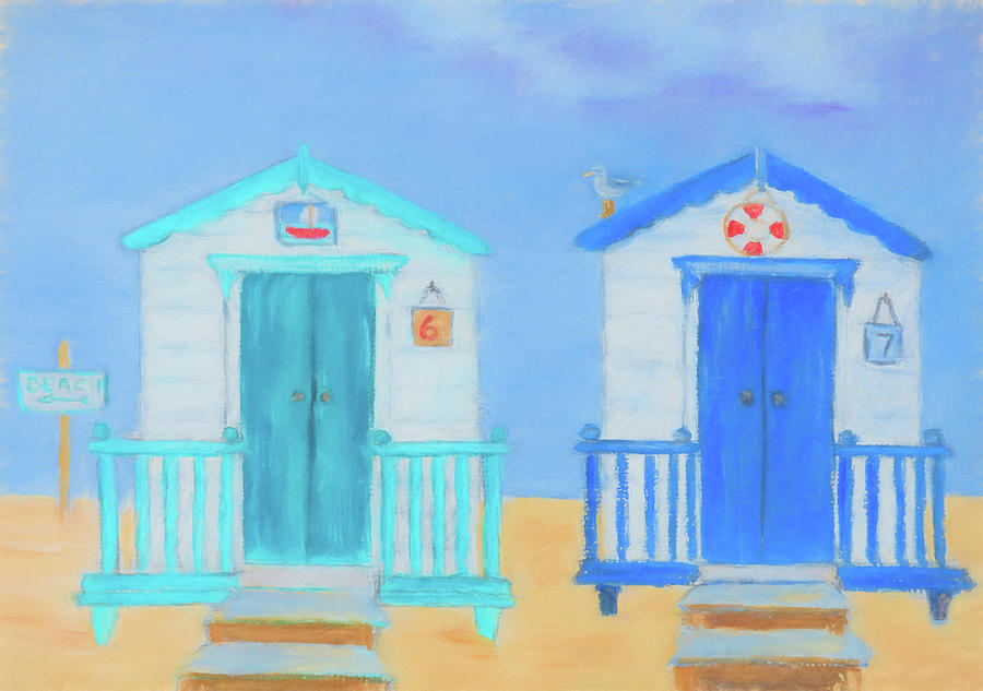 Two Beach Huts Pastel by Laura Richards
