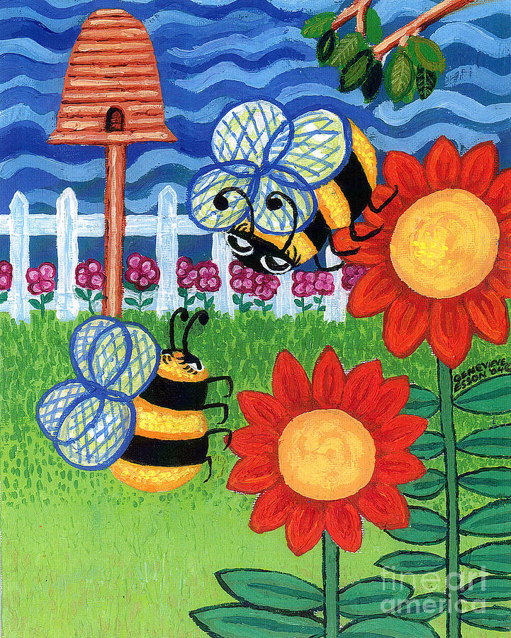 Sunflower Painting - Two Bees With Red Flowers by Genevieve Esson