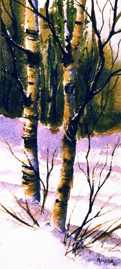Two Birch in Snow Painting by Teresa Ascone