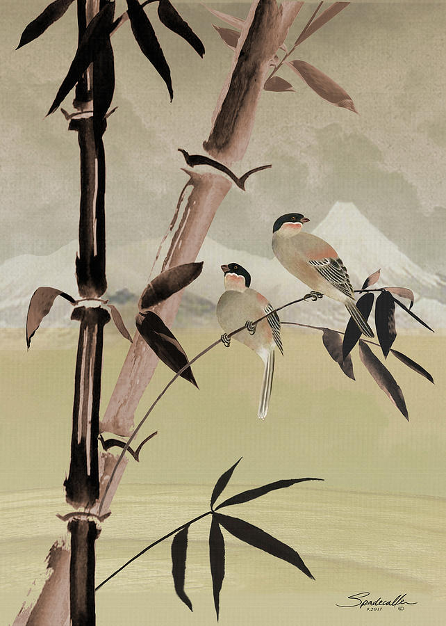 Two Birds in Bamboo Tree Digital Art by M Spadecaller