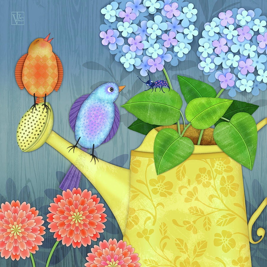 Two Birds on a Watering Can Digital Art by Valerie Drake Lesiak