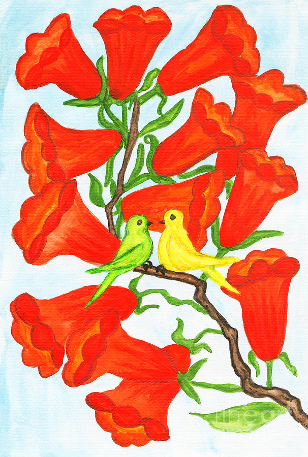 Two birds on branch with flowers Campsis Painting by Irina Afonskaya