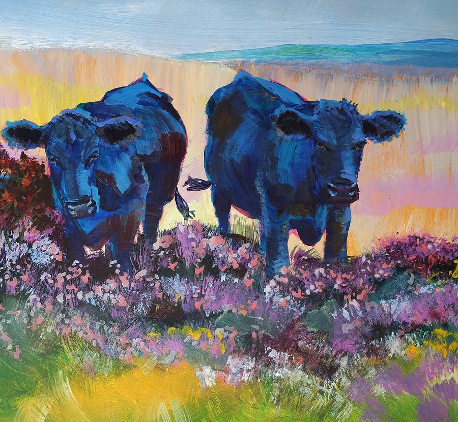 Two Black Cows On Dartmoor Painting by Mike Jory