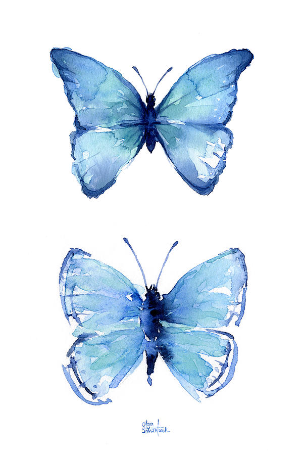 Butterfly Painting - Two Blue Butterflies Watercolor by Olga Shvartsur