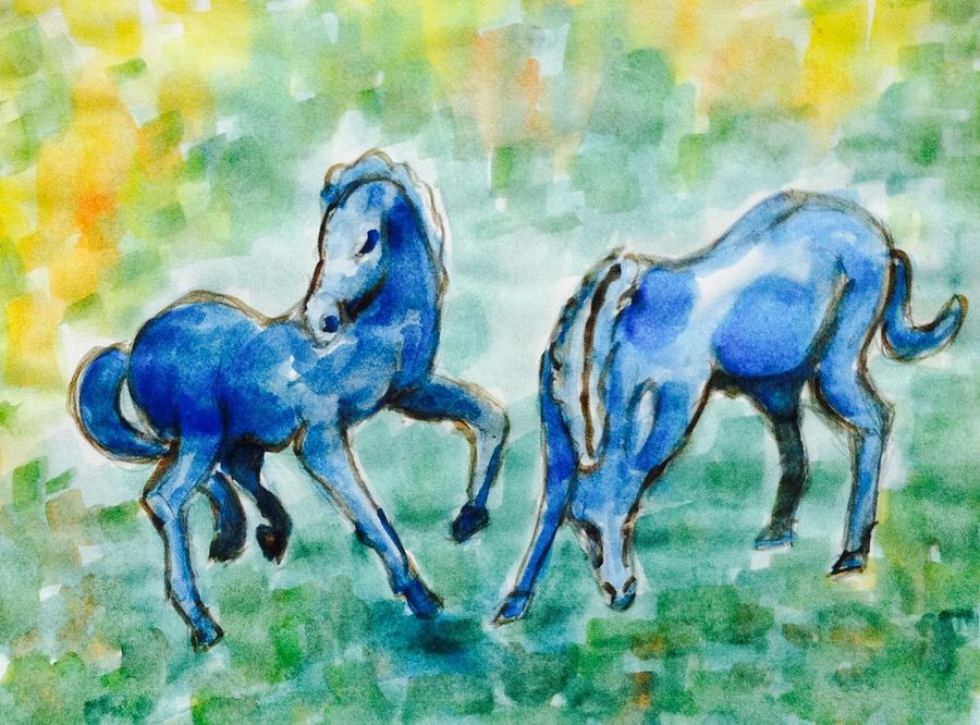 Two blue horse Drawing by Hae Kim