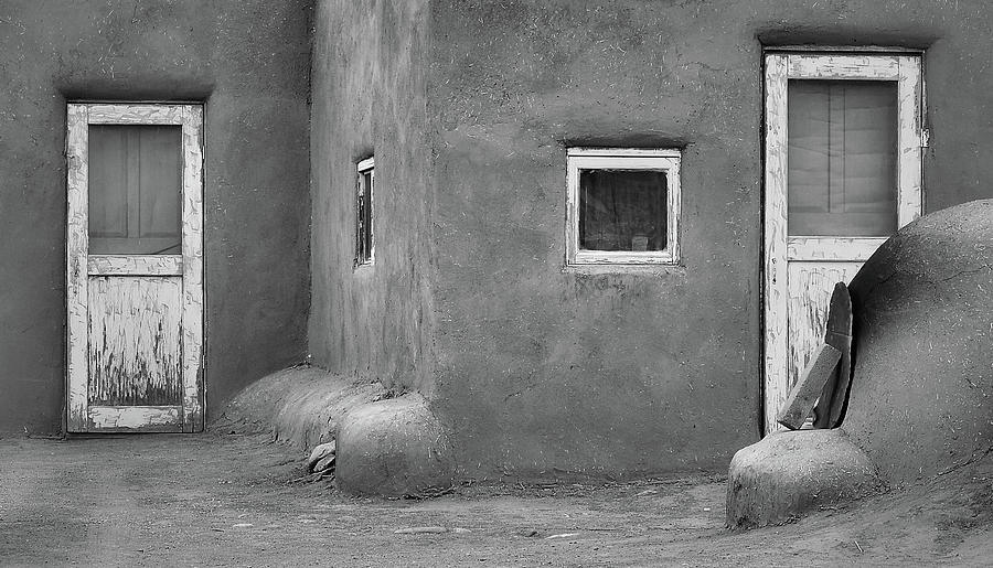 Two Blue - Taos Pueblo in Black and White Photograph by Nadalyn Larsen