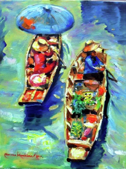 Two Boats Painting by Wanvisa Klawklean