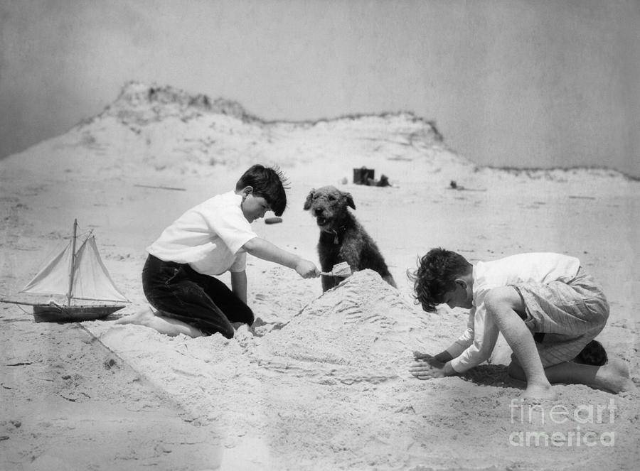 Beach Photograph - Two Boys And Dog Playing On Beach by H Armstrong Roberts and ClassicStock