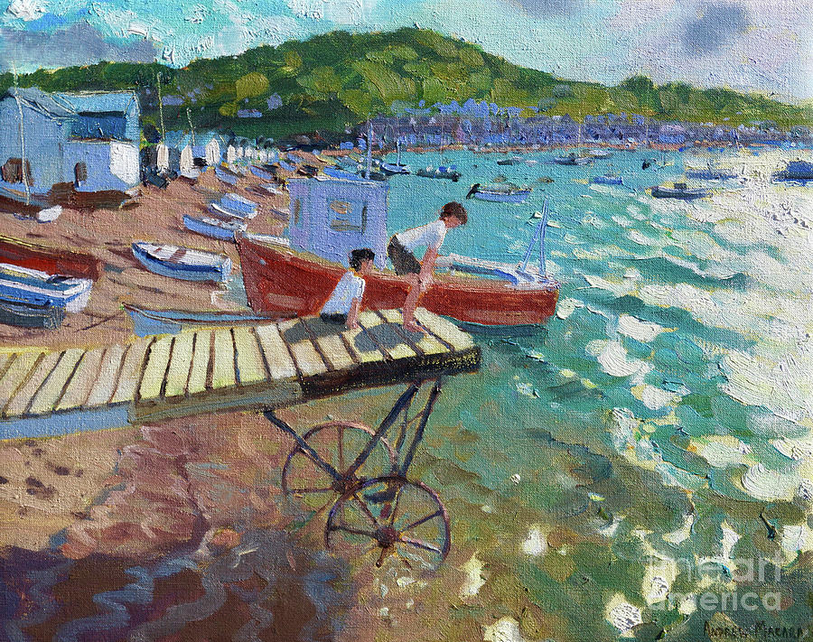 Two boys on the landing stage, Teignmouth Painting by Andrew Macara