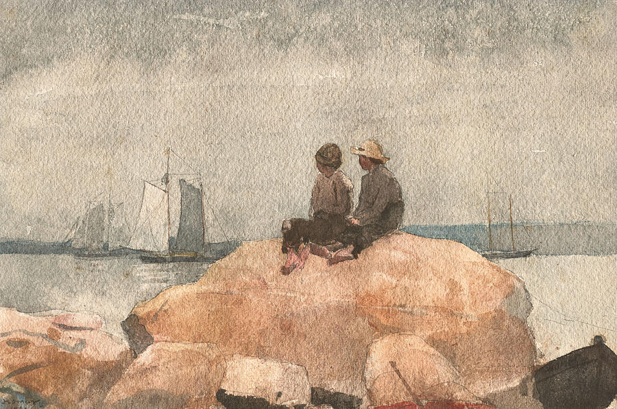 Two Boys Watching Schooners, 1880 Painting by Celestial Images