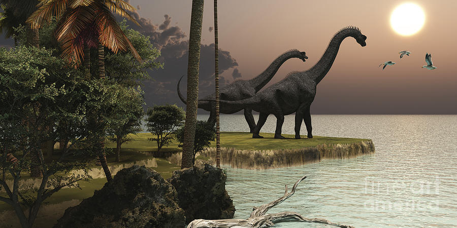 Two Brachiosaurus Dinosaurs Enjoy Digital Art by Corey Ford