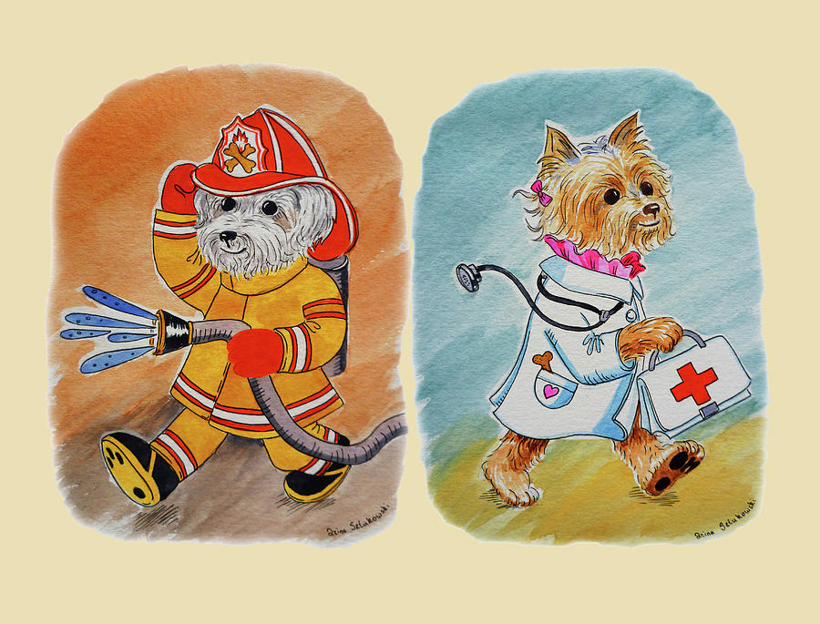 Two Brave Dogs Watercolor For Baby Room Painting by Irina Sztukowski