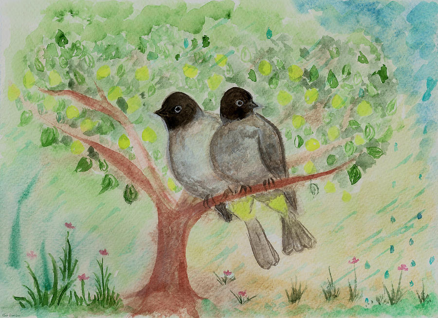 Nature Painting - Two Bulbul Birds hiding from the Rain by Tomer Rosen Grace