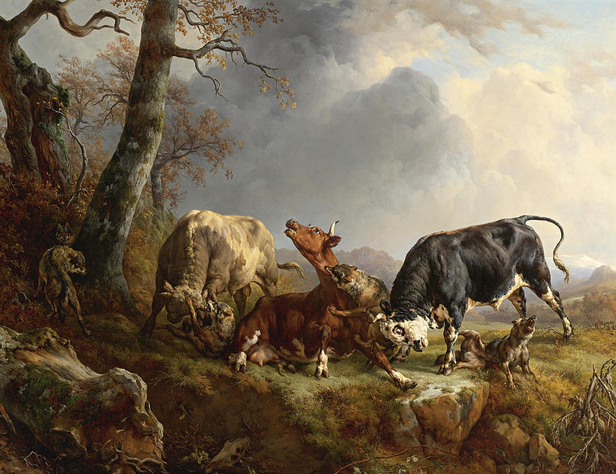 Jacques Raymond Brascassat Painting - Two bulls defending a cow attacked by wolves by Jacques Raymond Brascassat