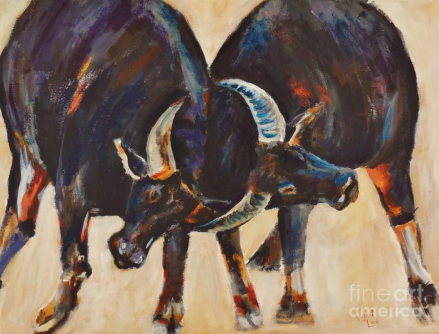 Two Bulls Fighting Painting by Cami Lee