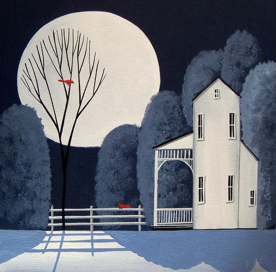 Two Cardinals - birds moon victorian  house Painting by Debbie Criswell