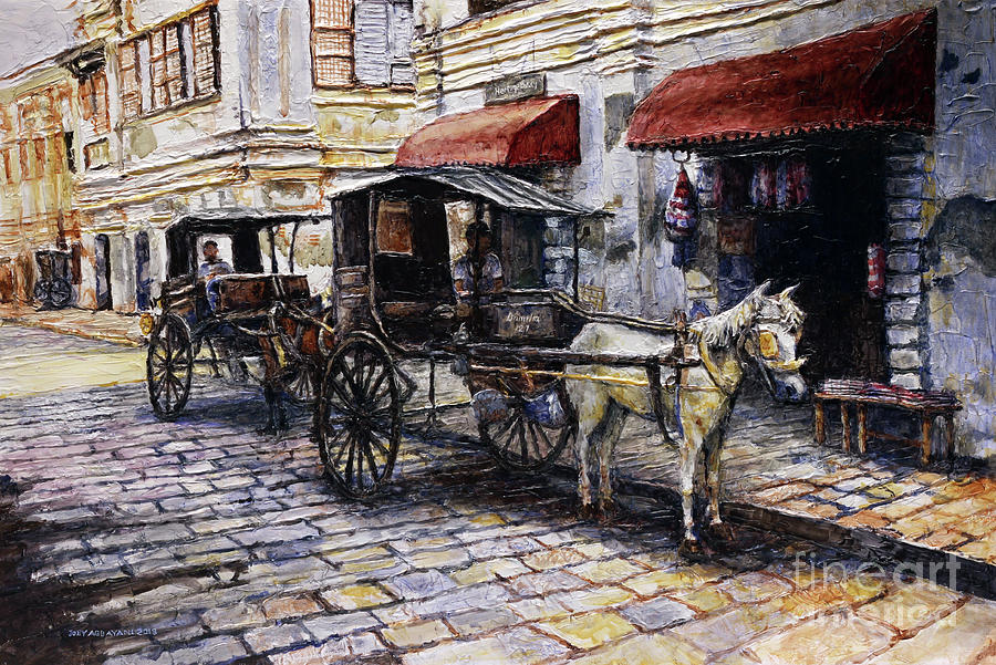 Vigan Painting - Two Carriages on Crisologo Street by Joey Agbayani
