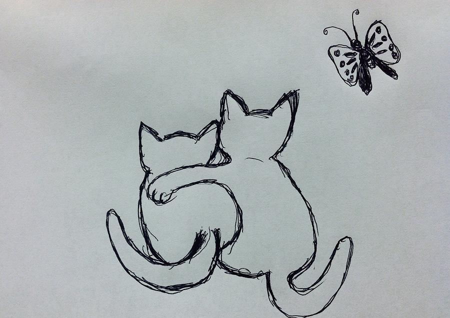 Two cat and butterfly  Drawing by Hae Kim