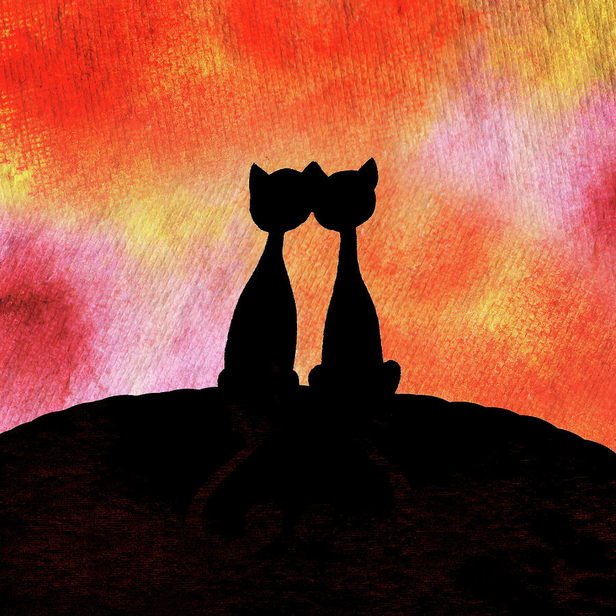 Cat Painting - Two Cats And Sunset Silhouette by Irina Sztukowski