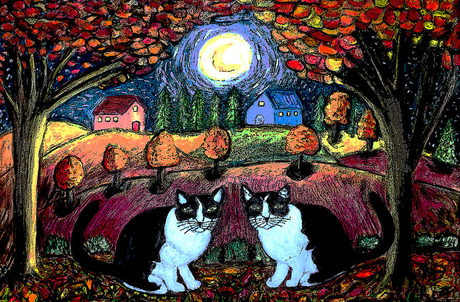 Two Cats and The Moon Painting by Monica Engeler