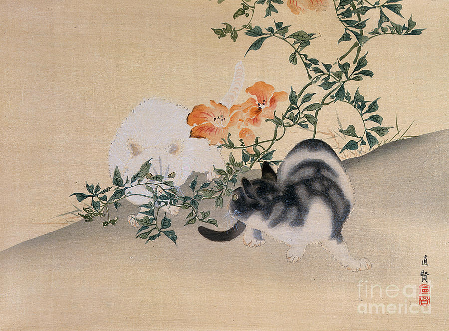 Flower Painting - Two Cats by Japanese School