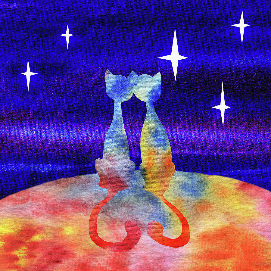 Two Cats Starry Night Silhouette Painting