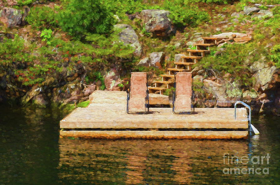 Two chairs on the dock  painterly Digital Art by Les Palenik