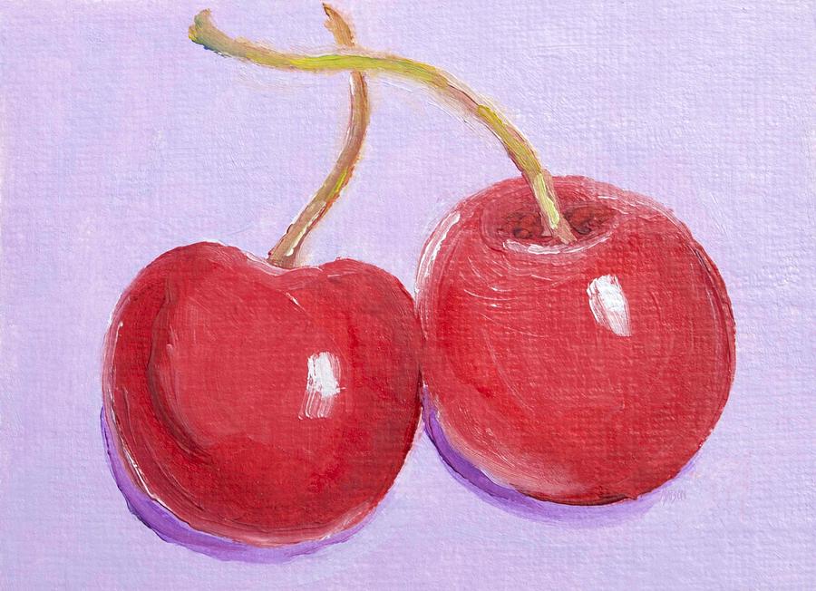 Fruit Painting - Two cherries - food art by Jan Matson