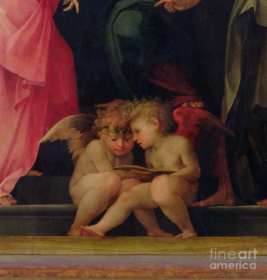 Two cherubs reading detail from Madonna and Child with Saints Painting by Giovanni Battist Rosso Fiorentino