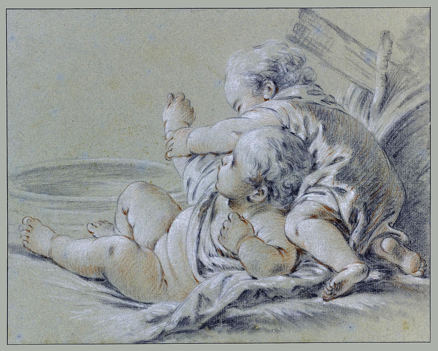 Two children beside a basin of water Drawing by Francois Boucher