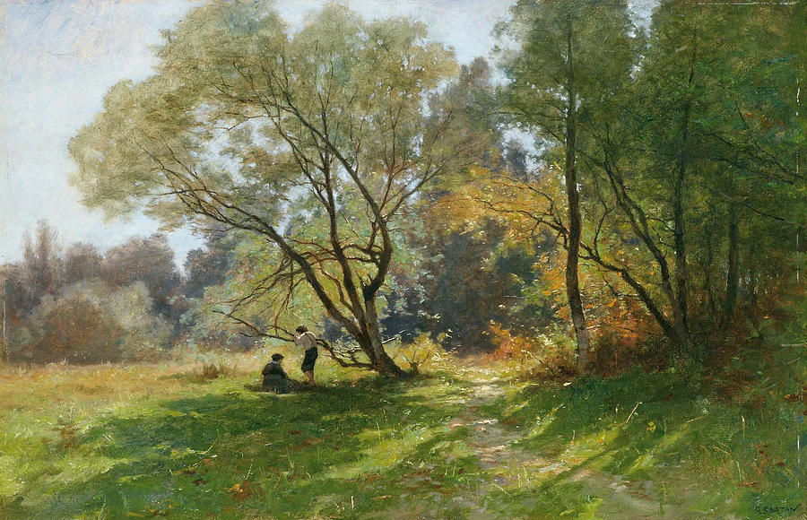 Two Children in the Undergrowth Painting by Gustave Castan