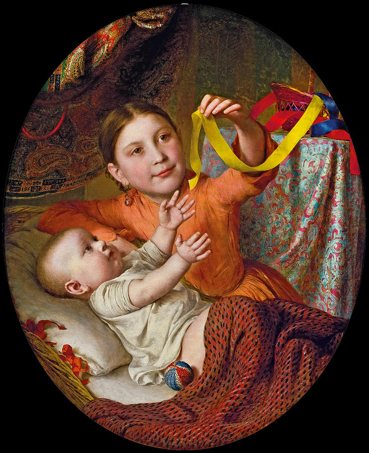 Two Children Playing with Silk Ribbons Painting by Johann Baptist Reiter