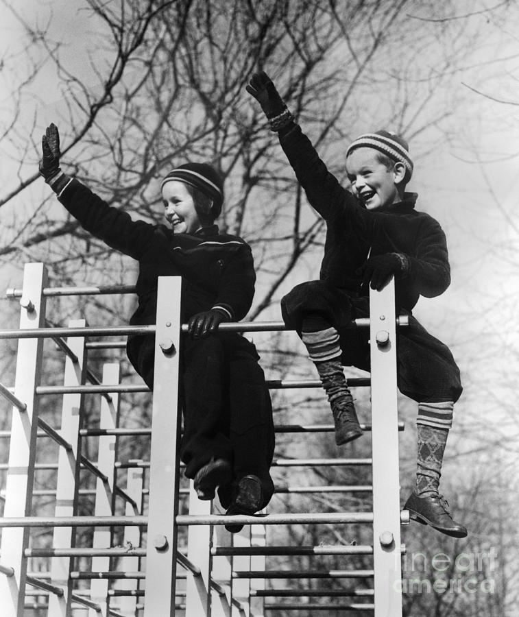 Two Children Waving From Play Photograph by H. Armstrong Roberts/ClassicStock