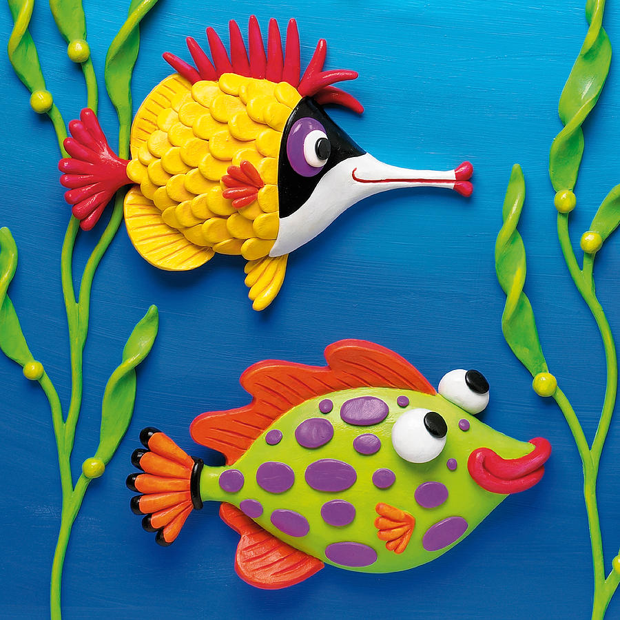Two Clay Art Tropical Fish Sculpture by Amy Vangsgard