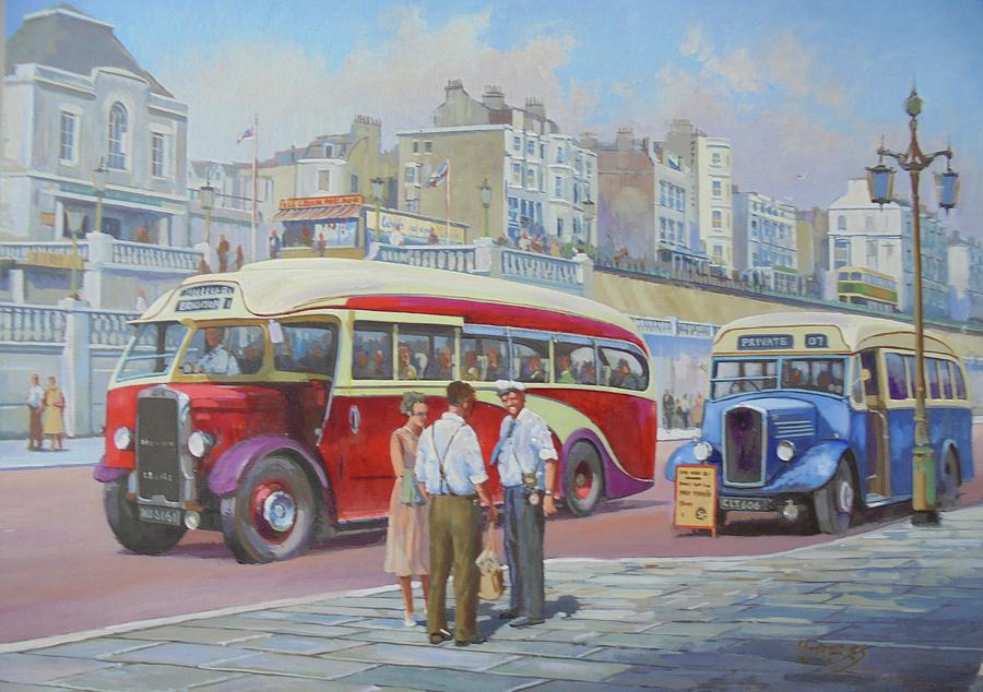 Two coaches on Brighton seafront. Painting by Mike Jeffries