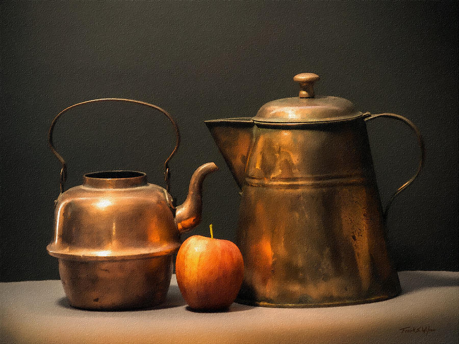 Two Copper Pots And An Apple Photograph by Frank Wilson