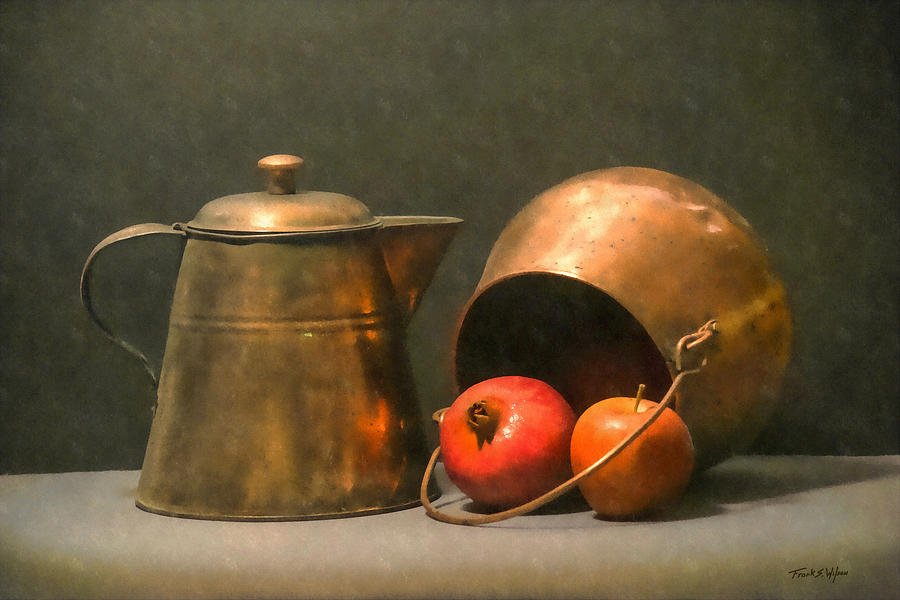 Two Copper Pots Pomegranate And An Apple Photograph